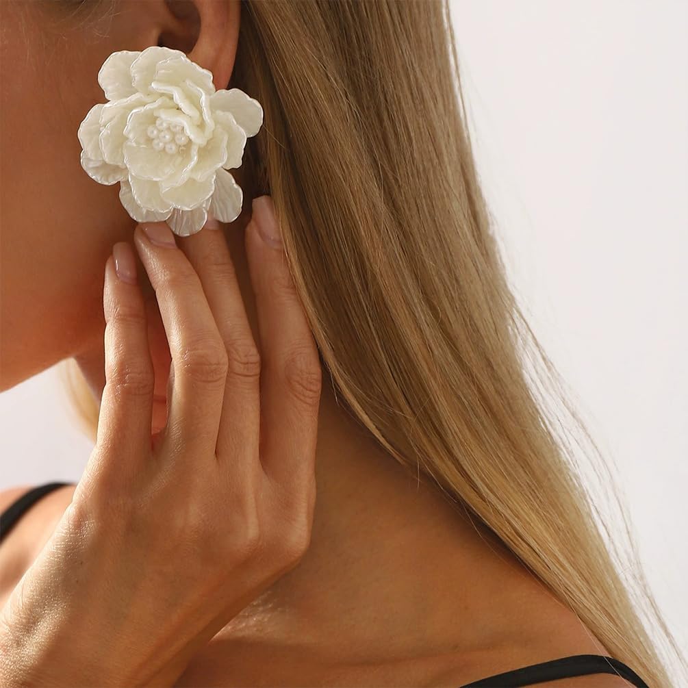 Dainty Large White Shell Pearl Flower Stud Earrings for Women, Vintage Boho Acrylic Big Camellia Floral Earring Fashion Statement Party Jewelry Gifts - Image 4