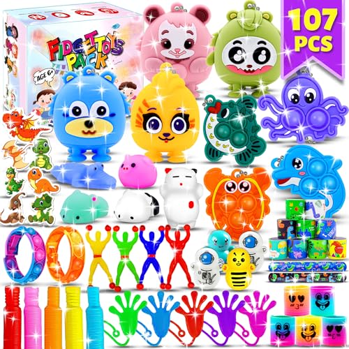 107Pcs Party Favors for Kids, Bulk Fidget Toy Pack Stocking Stuffer Birthday Gift, Carnival Reward Classroom Prizes ,Treasure Box Toys Goodie Bag Stuffers Pinata Easter Eggs Fillers for Kid 8-12