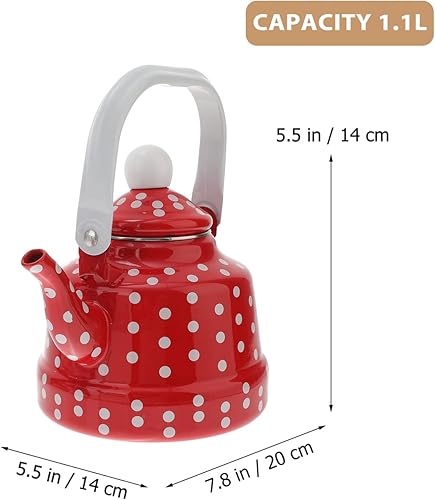 Miniatura 3 de Angoily Tetera de punto blanco y rojo para estufa, 1.1 L, estampado de flores, estilo vintage, pequeña, esmaltada, para estufa de gas, con mango