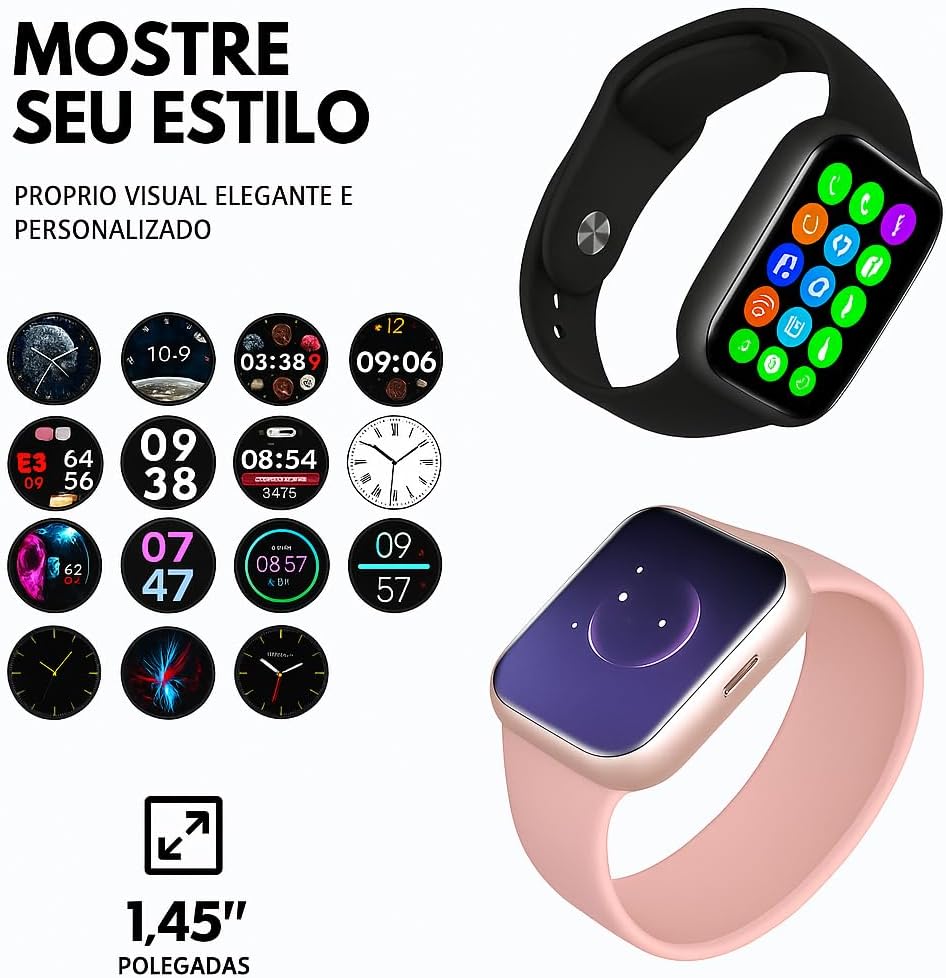Relógio Inteligente Smartwatch Mini 8 Pulseiras Tela LED 1,45 Polegadas" e Resistência a Água IP68, Conexão Android e IOS e Recebe Ligações com 123+ Aplicativos e Bateira de Longa Duração 5-7 Dias