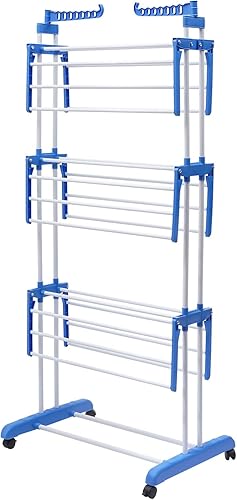 Miniatura 6 de Estante de secado de ropa plegable de 4 niveles, color gris, soporte para secadora con ruedas, línea de lavado al aire libre, estante de
