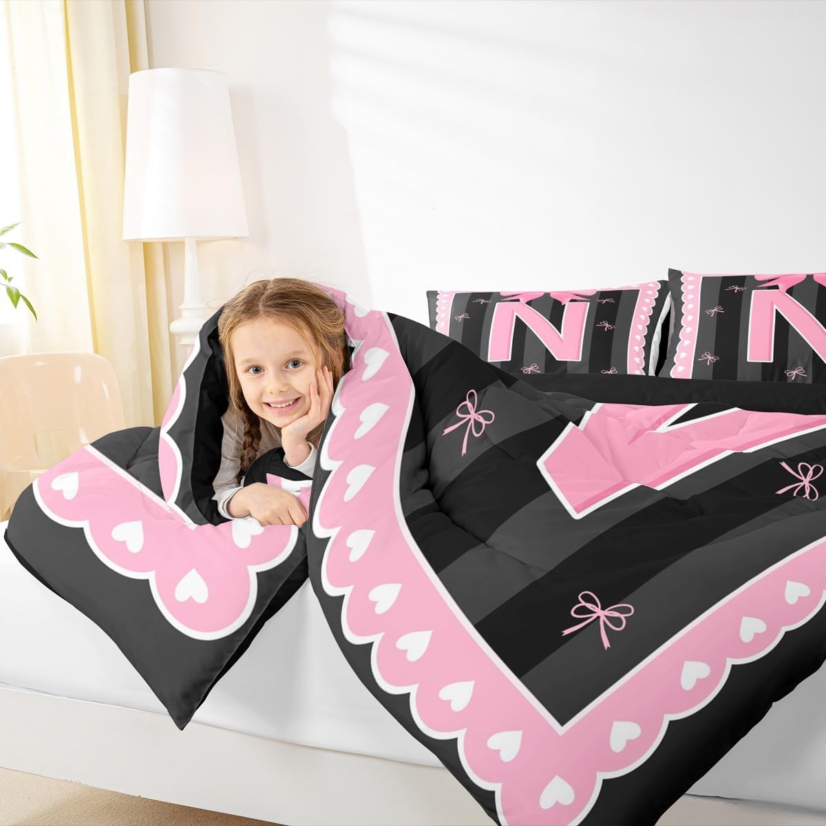 jejeloiu Pink Bow Comforter Set Girl Bow Coquette Bedding Set Twin Size for Kids Boys Girl Personalized Letter N Duvet Quilt Butterfly Knot Princess Duvet Initial Letter N Bedroom Decor