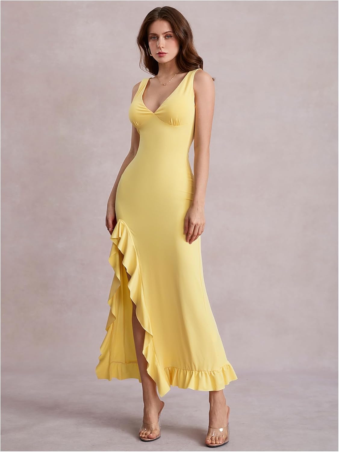 SHENHE Women's Sexy V Neck Ruffle High Slit Sleeveless Bodycon Maxi Party Prom Long Dress - Image 4