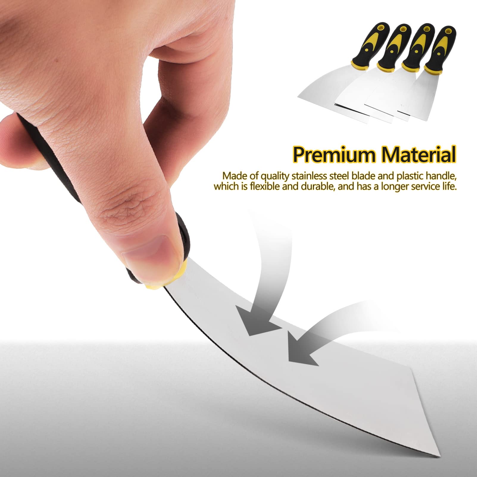 Set di Spatole in Acciaio Inox 8 Pezzi per Superfici Lisce | Argento, Non Facile da Arrugginire, Kit per Finitura e Riparazione Cartongesso, Impugnatura Integrata