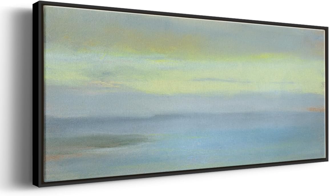Renditions Gallery Floater Framed Canvas Home Decor Coastal Landscape Golden Sunset Painting Hanging Decoration for Bedroom Office Lounge - 12"x30" Black Frame LT618 image 2