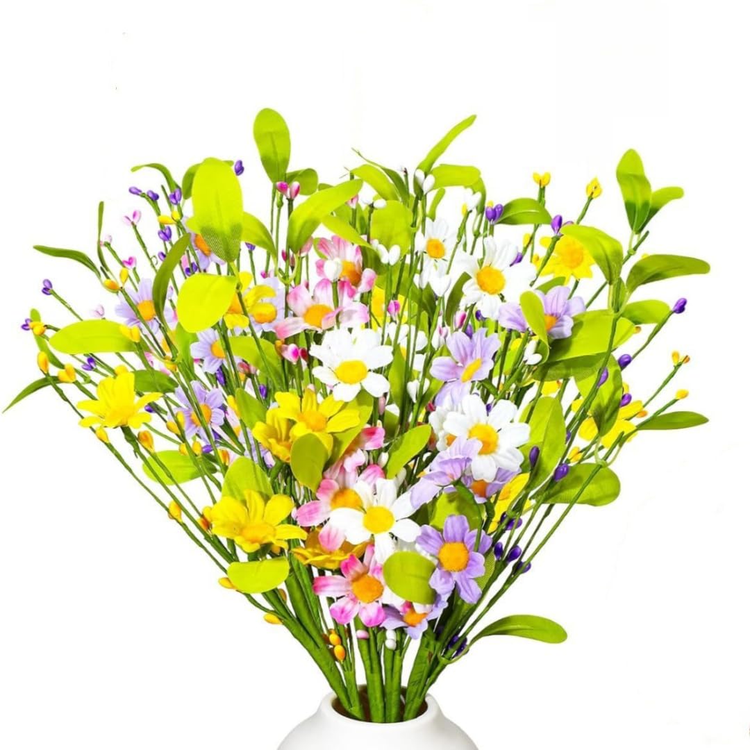 CCUUHJ Artificial Silk Daisy Flowers, 4 Bundles Fake Flowers for Outdoor and Indoor, Decorative Artificial Flower in Vase, Faux Plastic UV Resistant Flowers for Graves and Garden (Pastel)
