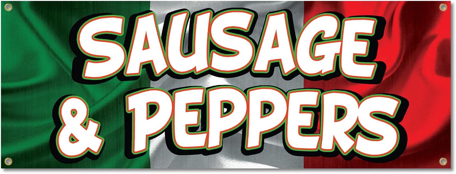 Sausage and Peppers | 18" X 48" Banner | Outdoor Vinyl Sign with Grommets | Italian Sandwhich Advertising Displays | Made in The USA