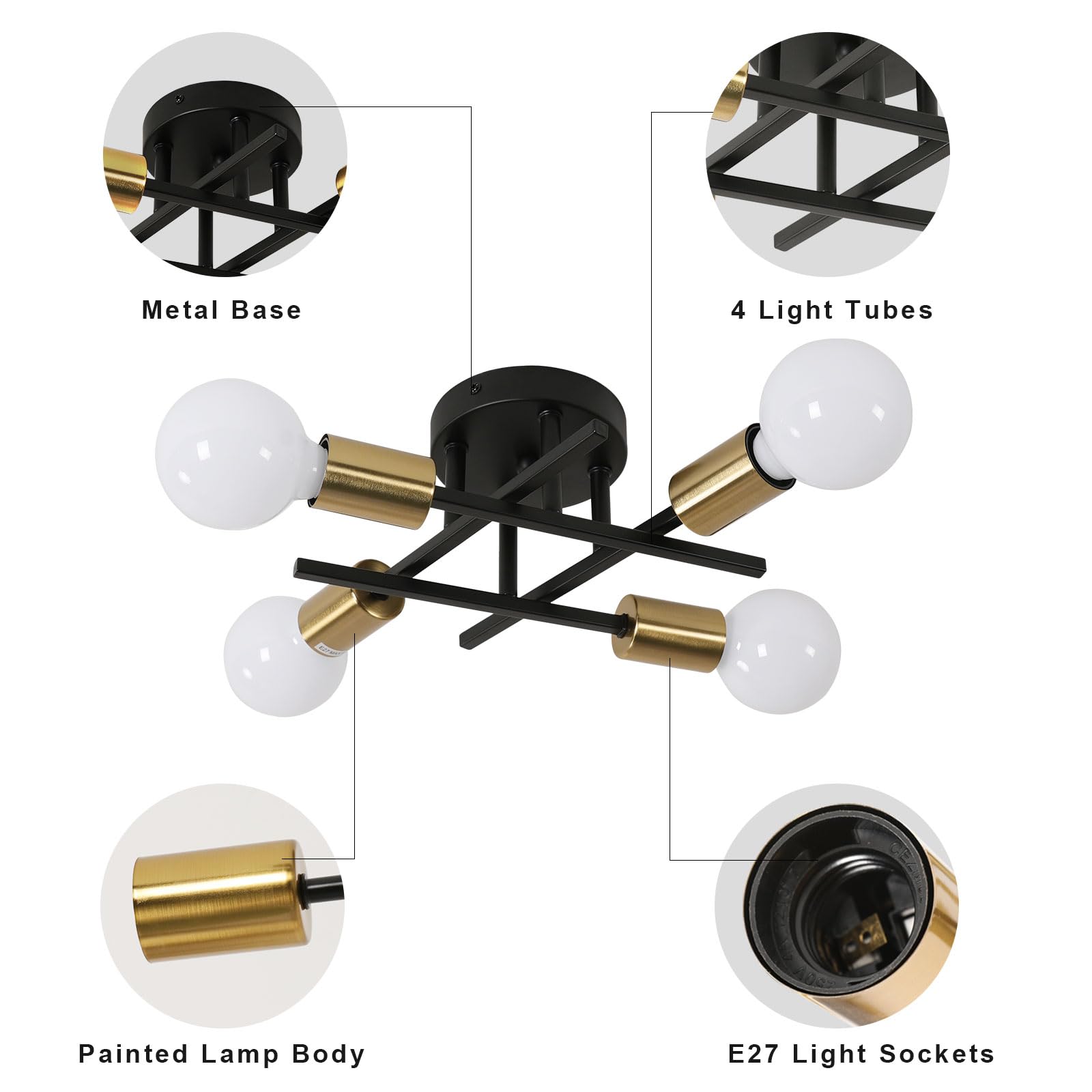 Goeco Deckenleuchte Schwarz Kronleuchter Vintage Industrielle Deckenlampe E27 4 Flammig, Metall Pendelleuchte Deckenleuchtung für Schlafzimmer, Wohnzimmer, Esszimmer, Küche