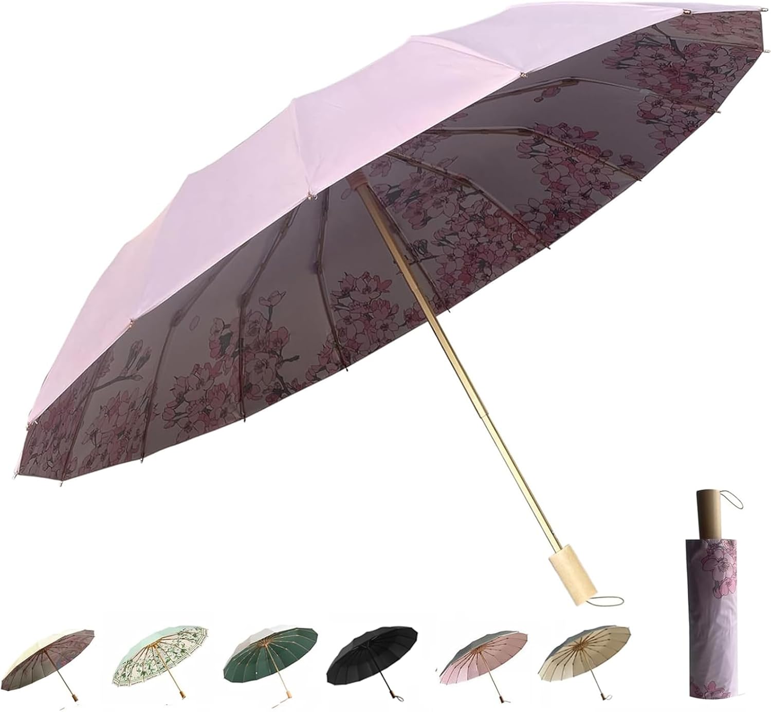 Folding umbrellas for rain and sun UPF 50+ UV Protection Windproof waterproofing and Strong Travel Essentials for Men Women 16 Ribs Wooden Handle Flower Umbrella Sakura Umbrella Birthday Gift For Her
