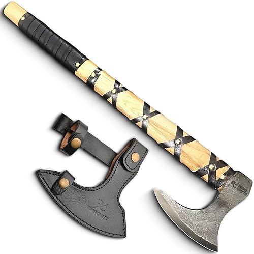 Miniatura 3 de Hacha vikinga de acero al carbono, hacha con funda de cuero, hacha de supervivencia para acampar al aire libre Tomahawk | Hoja de acero de alto