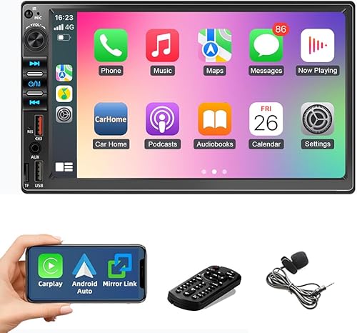 Reproductor de radio estéreo de coche de 7 pulgadas doble 2 DIN unidad principal inalámbrica Apple CarPlay Android Auto Mirror Link Bluetooth manos