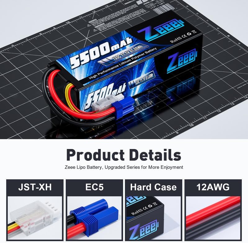 Miniatura 3 de Zeee 3S Lipo Battery 5500mAh 11.1V 120C Estuche rígido Batería RC con conector EC5 para coche RC 1/8 1/10 a escala 1/10, camiones cisterna, barcos,