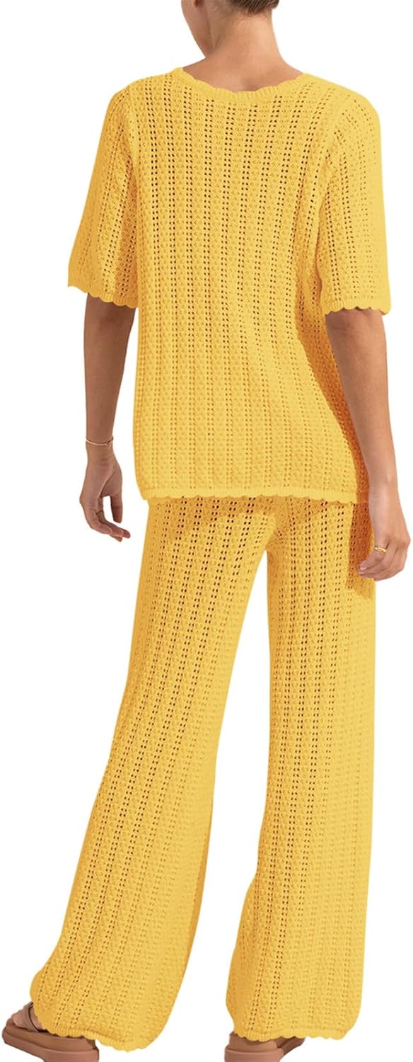Imily Bela Women's Summer 2 Piece Swimsuit Cover up Crochet Knit Cardigan Tops Long Pants Set Bathing Suit Beach Outfit - Image 2