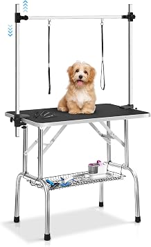 36 Professional Dog Pet Grooming Table Adjustable Height Heavy Duty Portable Trimming Table with Arm/Noose/Mesh Tray, Maximum Capacity Up to 300 LBS, Black