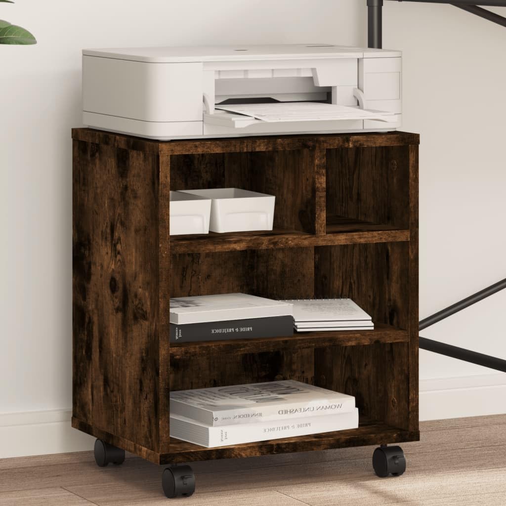 Générique Stojak na drukarkę z kółkami z drewna inżynieryjnego wędzonego dębu 41x32x48 cm, organizer na biurko z półkami na materiały eksploatacyjne, przechowywanie folderów i książek, łatwy