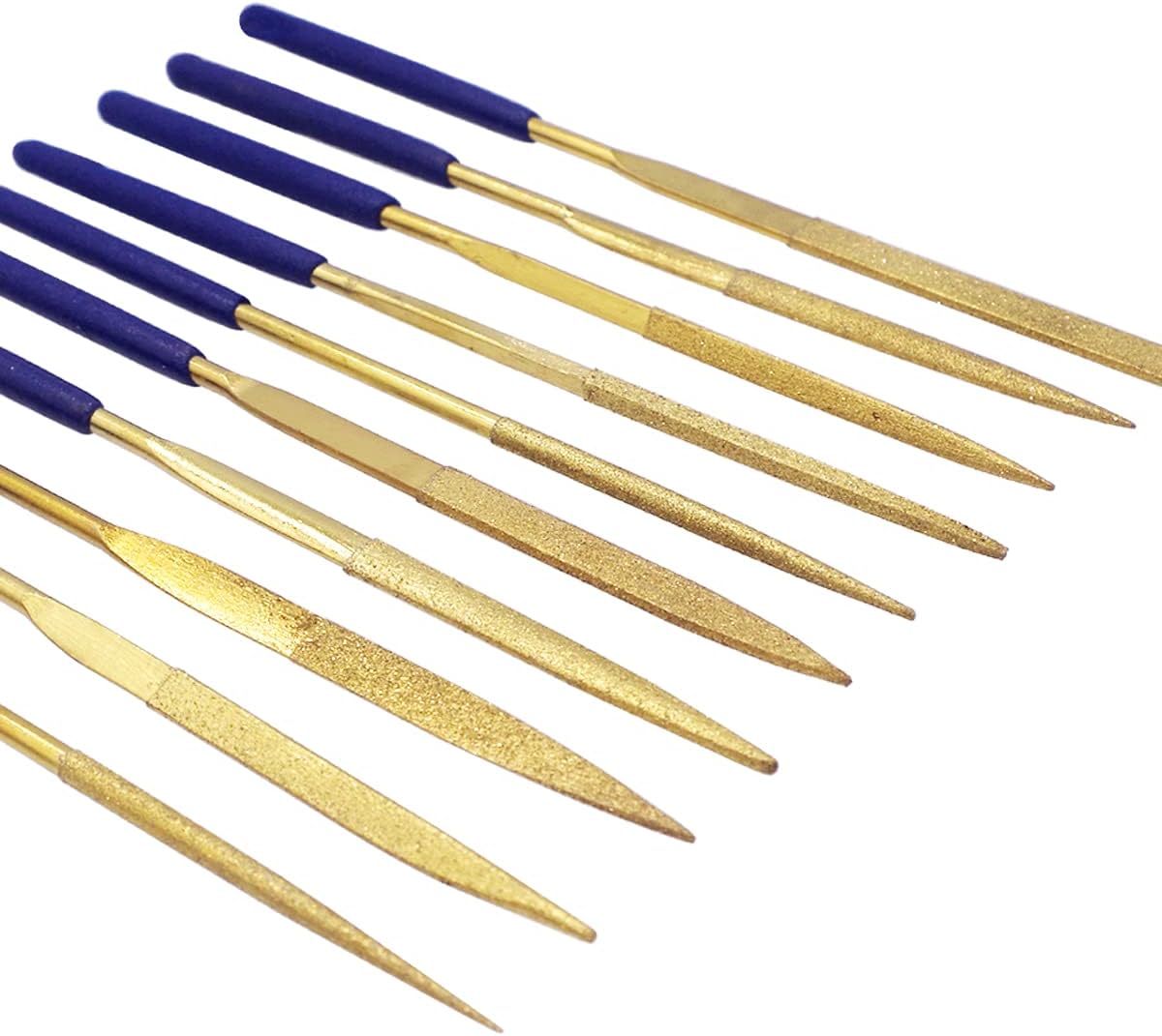 Wolfride 10pcs Titanium-Coated Diamond Needle File Set 3 X 140mm Mini Fine Diamond Files for Metal Glass Jewelry Round Triangular Square Flat Shape