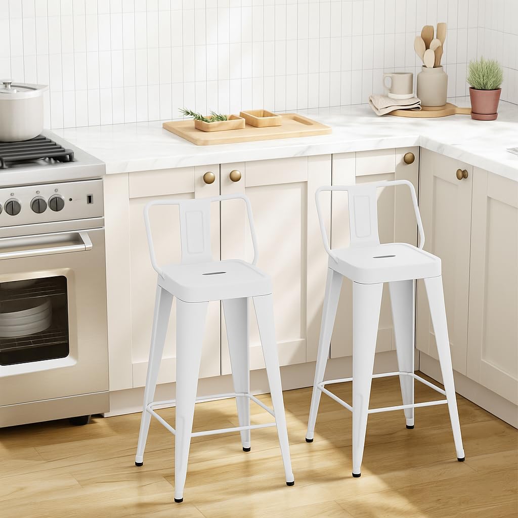WENTMENT Metal Bar Stools Set of 2 Counter Height Bar Stools White Barstools with Removable Back 26" Kitchen Bar Stools