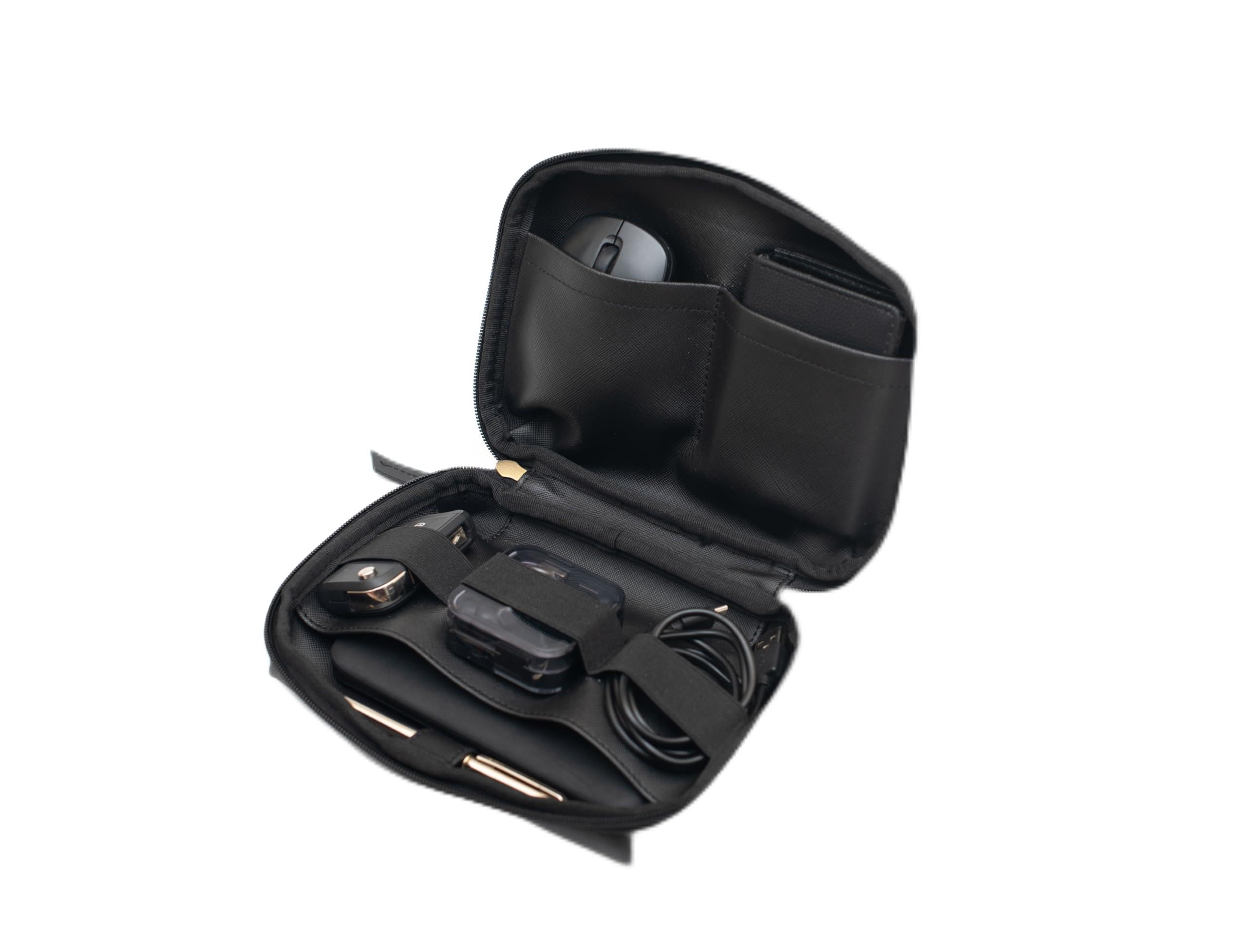 Oblique Sally Tech Pouch- Compact Travel Gadget Organizer| Fits Chargers, Adapters, Cables, Power Banks, SD Cards, Hard Drive| Faux Leather Water-Resistant| Unisex Gadget Bag| Ideal For Travel (Black)