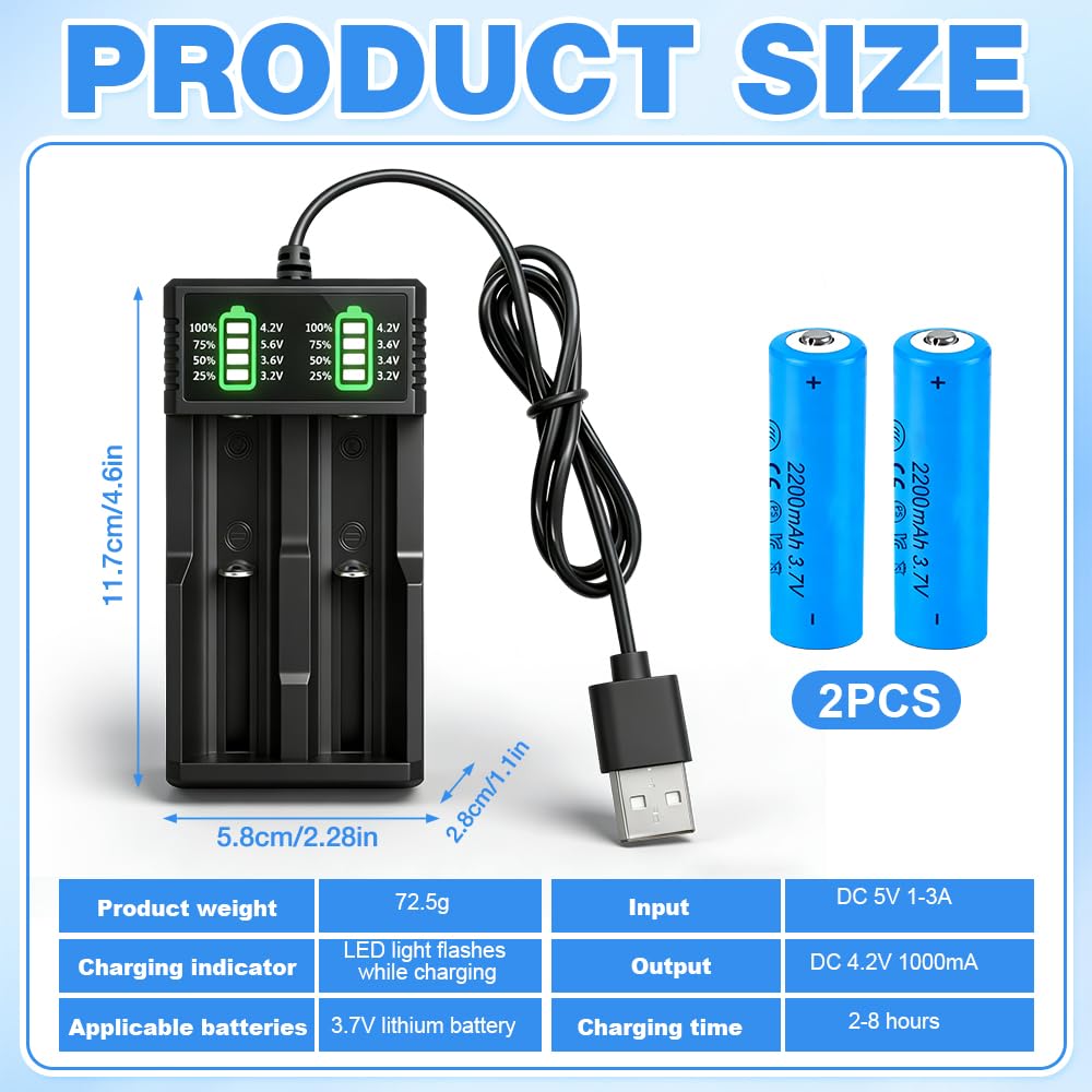NAVESO 2 baterías recargables de 3,7 V 2200 mAh, batería de iones de litio de 3,7 V con cargador, batería de iones de litio para linterna, ventilador pequeño, timbre, mini ventilador, linterna frontal — view 2
