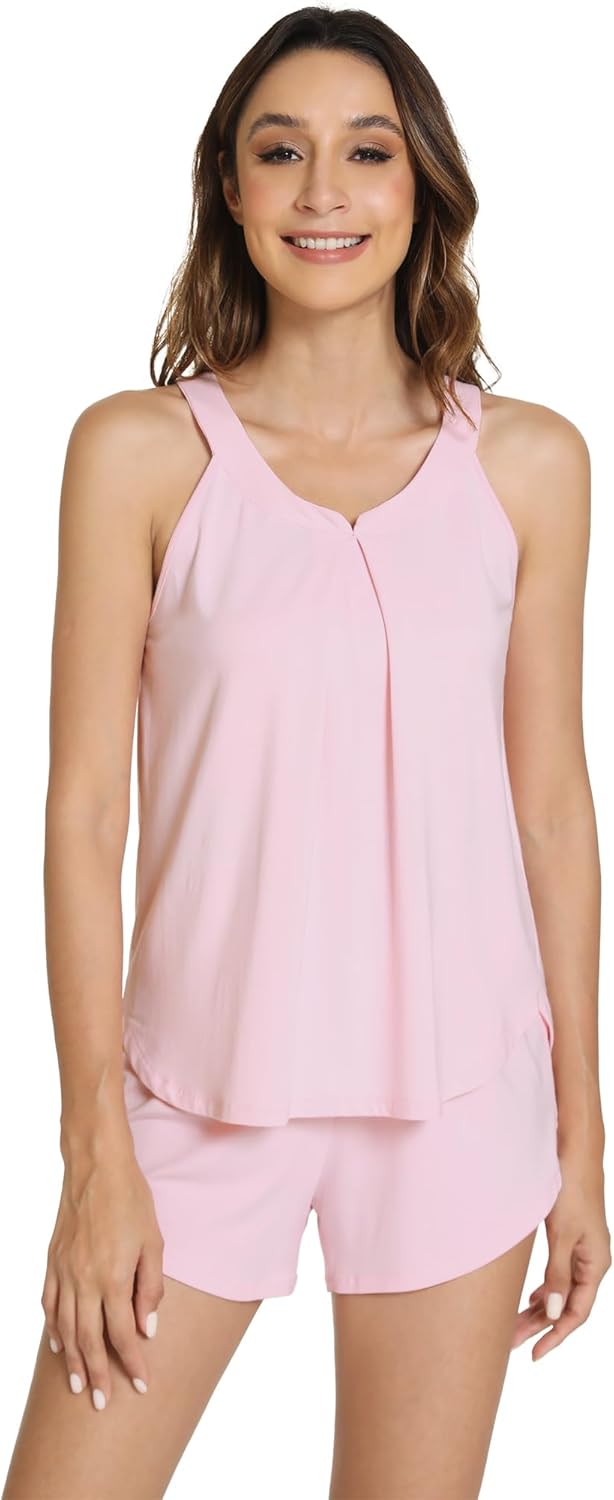 WiWi Pajamas for Women Tank Top Pajama Set Sleeveless Sleepwear Soft Shorts Pjs Sets Viscose from Bamboo Pj S-XXL