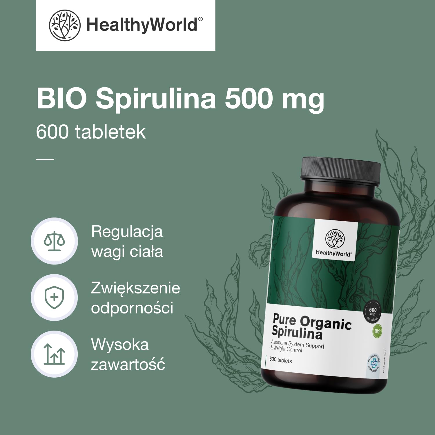 HealthyWorld BIO Spirulina 500 mg - 600 Tabletek - 100% Naturalne Składniki - 4000 mg na Dzienną Porcję - Bez GMO - Na ponad 2 Miesiące - Regulacja Masy Ciała