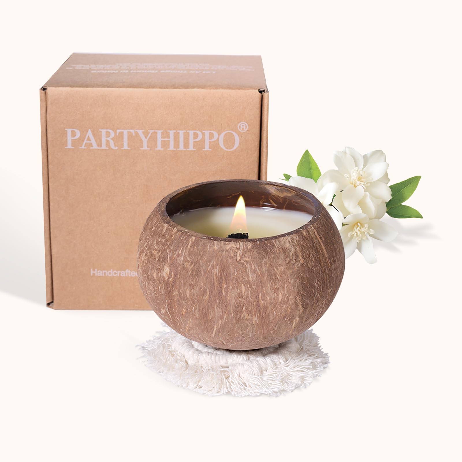 PARTYHIPPO Coconut Shell Scented Candle – 60-Hour Burn | Natural Soy Wax & Essential Oils | Eco-Friendly Handmade Aromatherapy Candle for Relaxation, Stress Relief & Home Decor (Floral Elegy Gardenia)