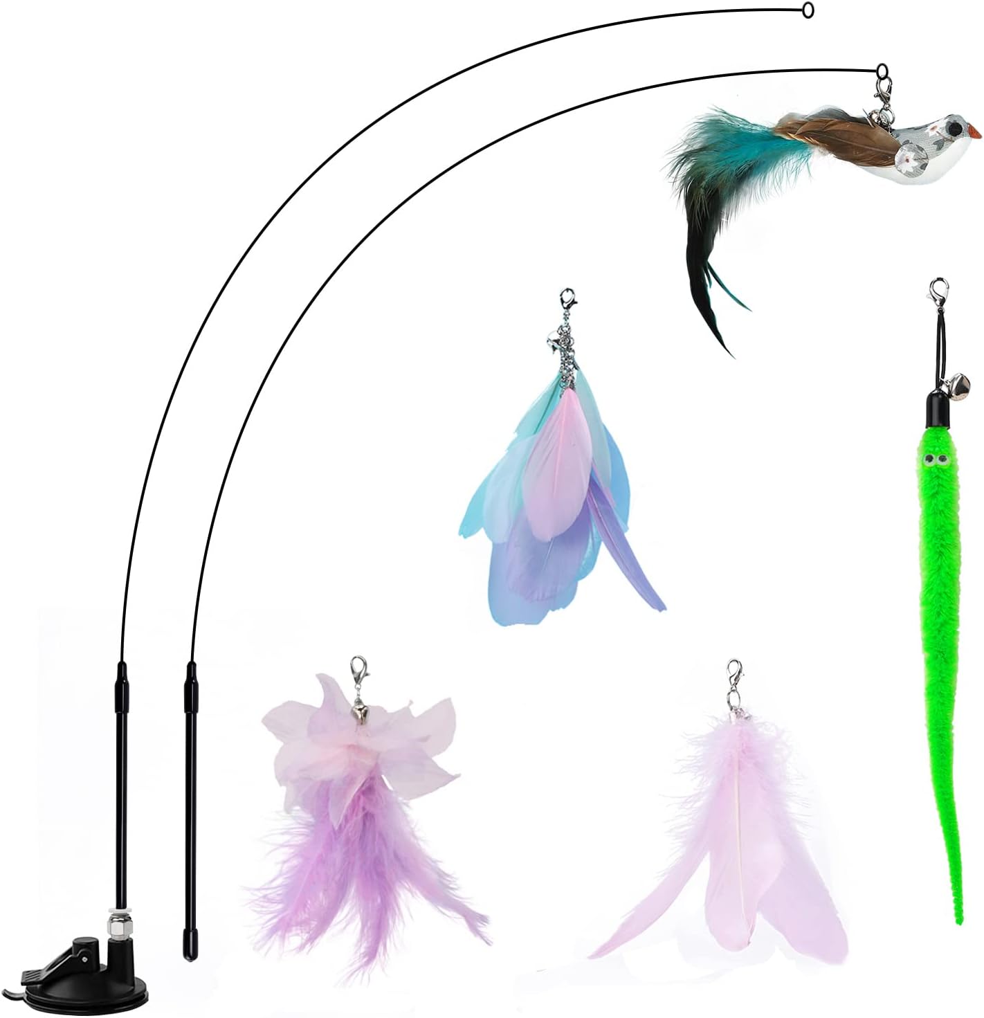 Jetczo Cat Feather Toys, Interactive Cat Toy with Super Suction Cup Detachable 5 PCS Feather Replacements with Bell, 2 Wand Cat Spring…