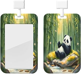 Panda Bamboo Forest ID Badge Holder, Easy Slide Badge Reel with Clear Window & Lanyard for Office, Security, Hospital Staff