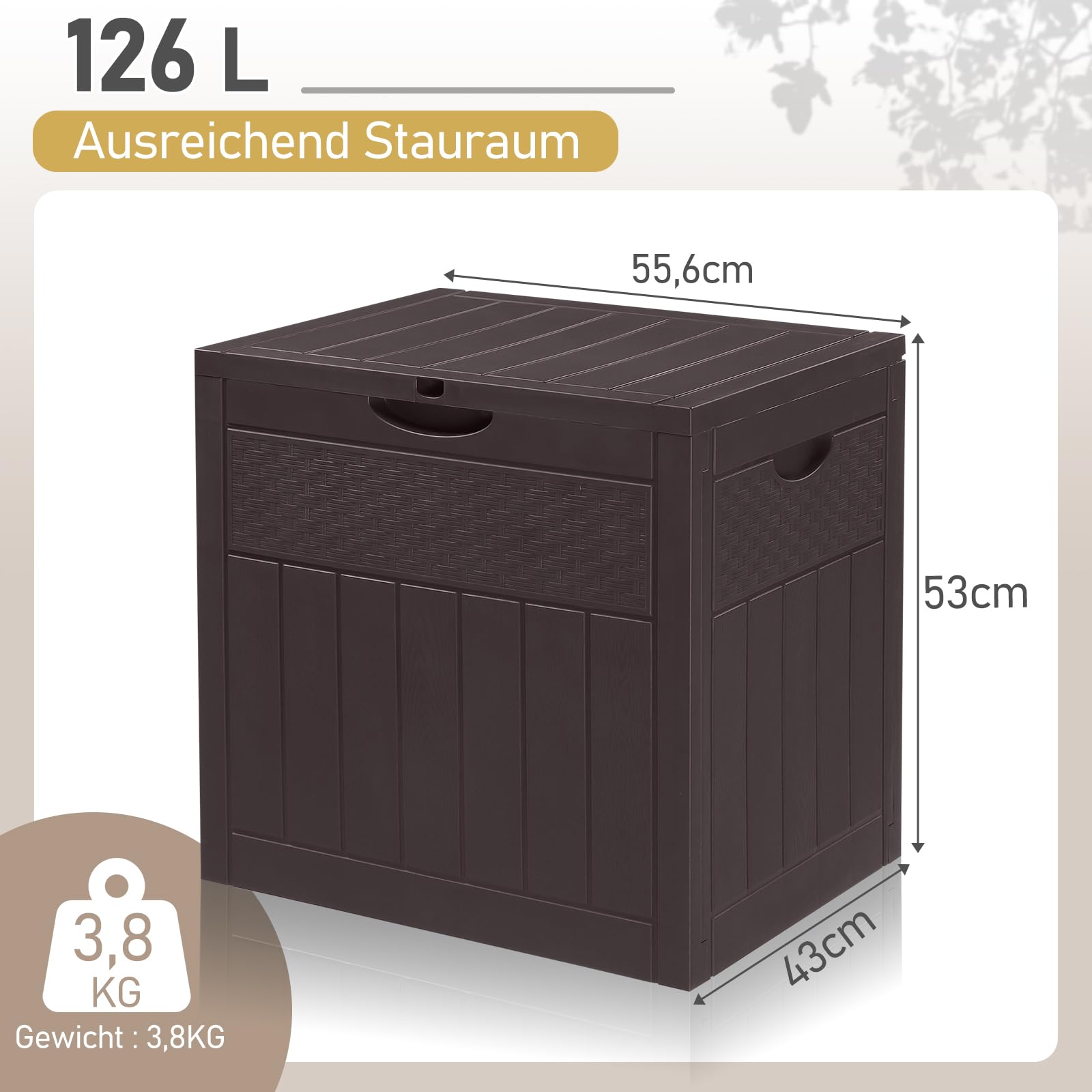 Gartenbox wasserdicht, 126L Outdoor Aufbewahrungsbox für Gartenmöbel, Poolzubehör und Werkzeug, 56 x 53 x 43 cm, Braun