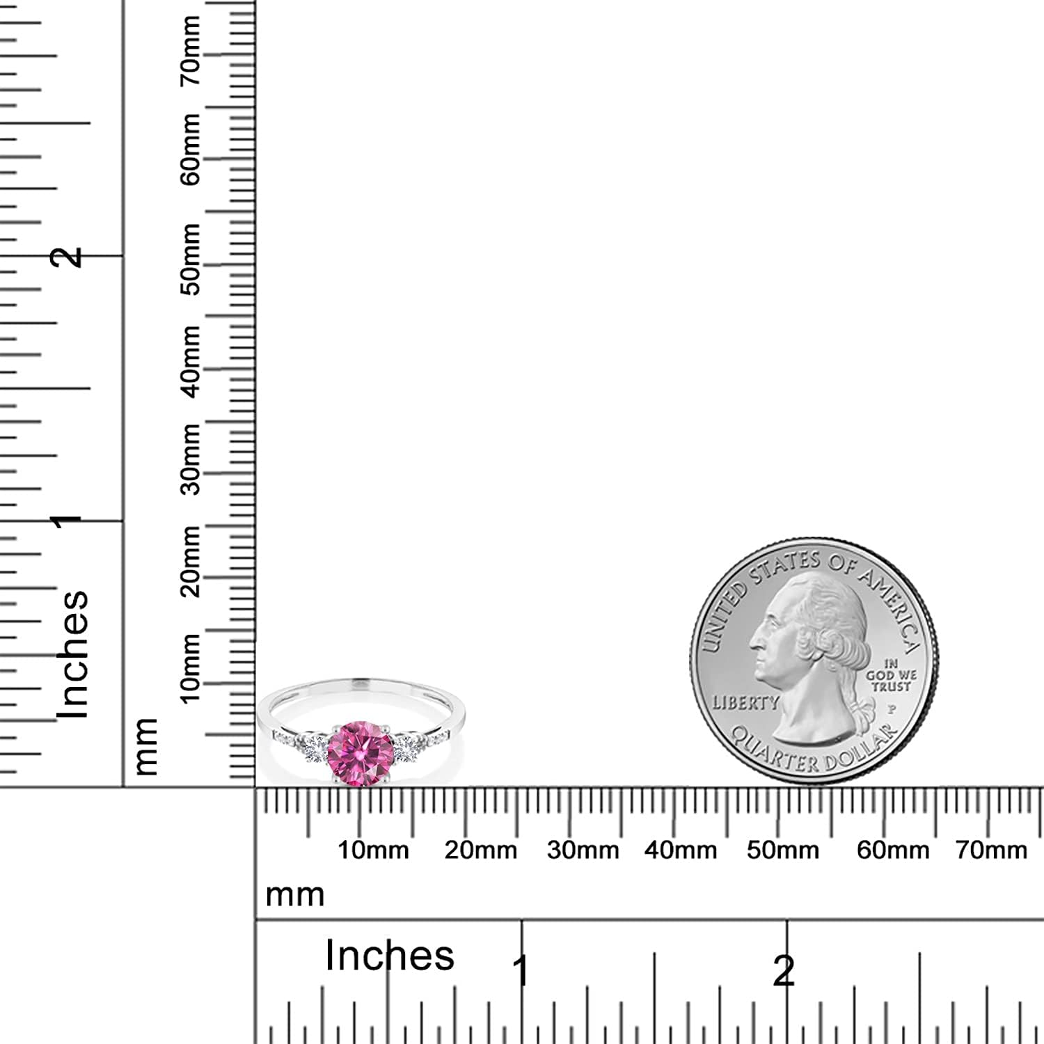 Gem Stone King 10K White Gold Pink Moissanite White Created Sapphire and White Diamond Accent 3-Stone Engagement Ring For Women (0.94 Cttw, Round 6MM, Gemstone Birthstone)
