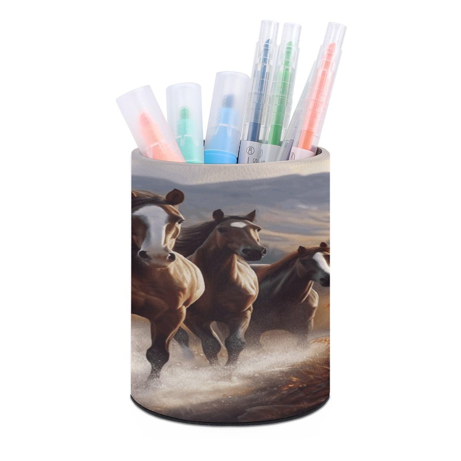 FekiLoot Round Leather Pen Holder - Multipurpose Desk Organizer, Modern Pencil Cup, Horses Pencil Holder, Unique Makeup Brush Holders for Office Home Supplies & Gifts