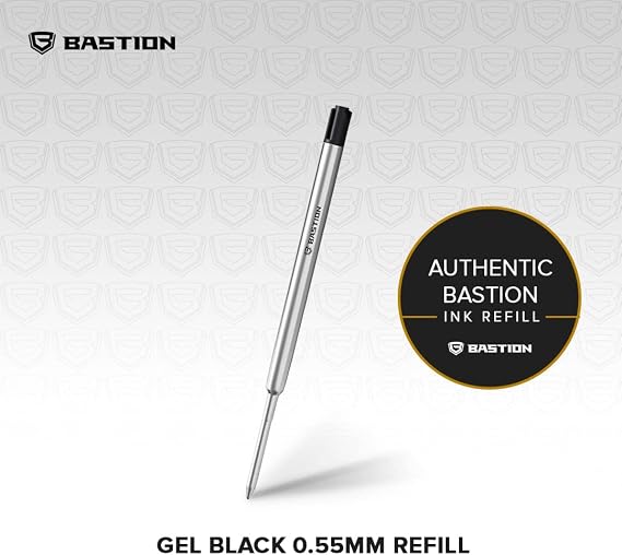 BASTION Black Gel Ink Refill Bolt Action Pens, 0.55mm Fine-Point Tip, Deeply Pigmented Black Gel Replacement Cartridge in Metal Casing, Gel 2-Pack