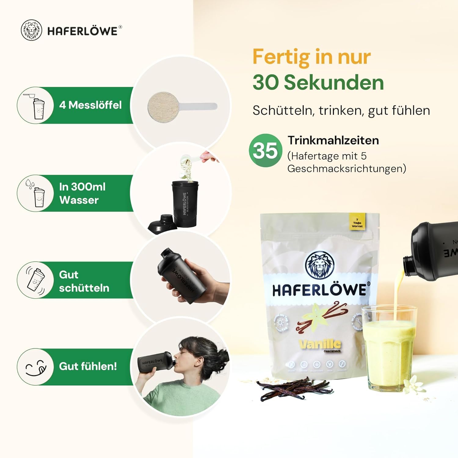 Haferlöwe Haferkur 35 Tage Starter Set | Leckere Hafertage in 5 Geschmacksrichtungen inkl. Gratis Shaker und Leitfaden | Protein Shake | Leckerer Diät Hafershake | DIA2® Ernährung