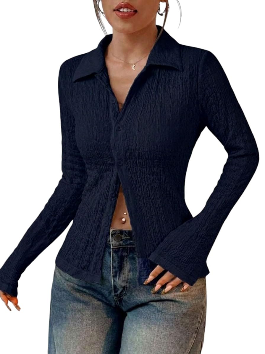 oomph! Women’s Textured Button-Down Shirt | Slim Fit Crinkled Fabric Top with Full Sleeves & Spread Collar | Casual Stylish Blouse-picture-20