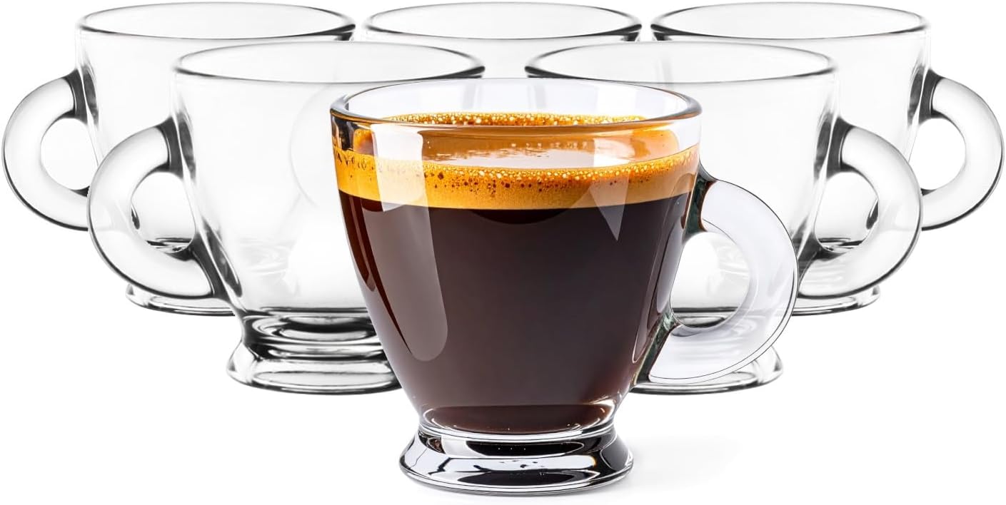 Glasmark KROSNO 1992 Roma Espresso Glasses, Set of 6, 85 ml, Small Cups with Handle, Dishwasher-Safe Glass Espresso Cups for Catering and Household
