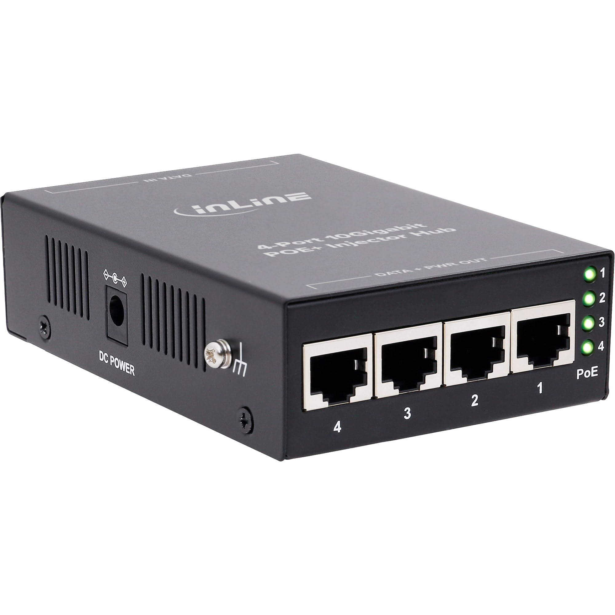 Inline PoE+ Iniettore Hub 4 Porte 10 Gigabit 65W IEEE 802.3af/at | 4 porte PoE+, 65 W di potenza totale, rete 10 Gigabit, compatibile con IEEE 802.3af/at, alloggiamento in metallo compatto