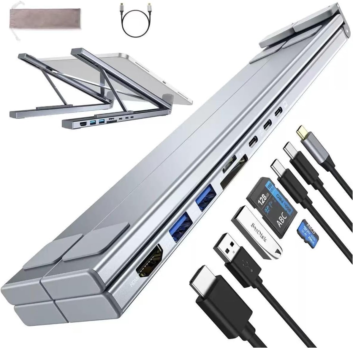 Coverzone 8in1 USB-C Laptop Taşınabilir Folding Notebook Stand, Entegre Çoklu Port Hub, HDMI 4K, USB 3.0, PD 100W Şarj Destekli Ayarlanabilir 11 inç 17 İnç Dizüstü Bilgisayar Stant 480gr | LS81