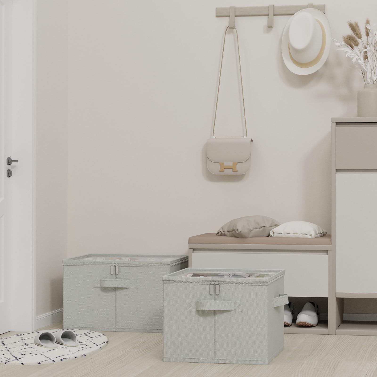 Scatole per Scarpe, Tessuto Scarpiera Salvaspazio con Copertura Trasparente, Shoes Organizer Pieghevole con 3 Maniglie, Adatto per 8-16 Paia, 53 x 42 x 33 cm, Grigio, XSNX01GL-1