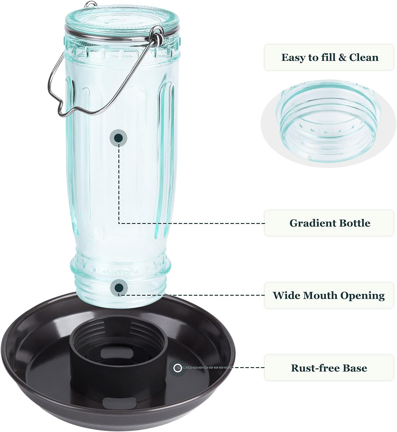 Kingsyard Bird Water Feeder, 16 Oz Glass Bird Water Dispenser Bird Waterer with Metal Hanging + Kingsyard Cute Suet Feeder with Weatherproof Roof & Perch, All Metal