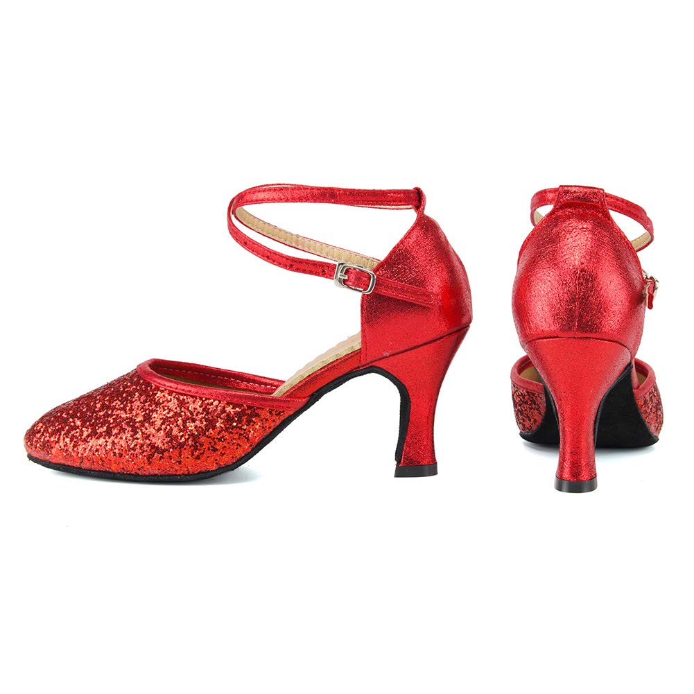 HIPPOSEUS Women's Closed Toe Latin Ballroom Dance Shoes Red Sequin Salsa Tango Scocial Practice Dancer Shoes 3 inch Heel,Model 225,5.5 B(M) US