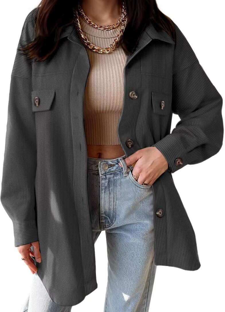 VICHYIE Womens Corduroy Shacket Blouses Button Down Shirts Pocket Long Sleeves Tops Jacket Coats