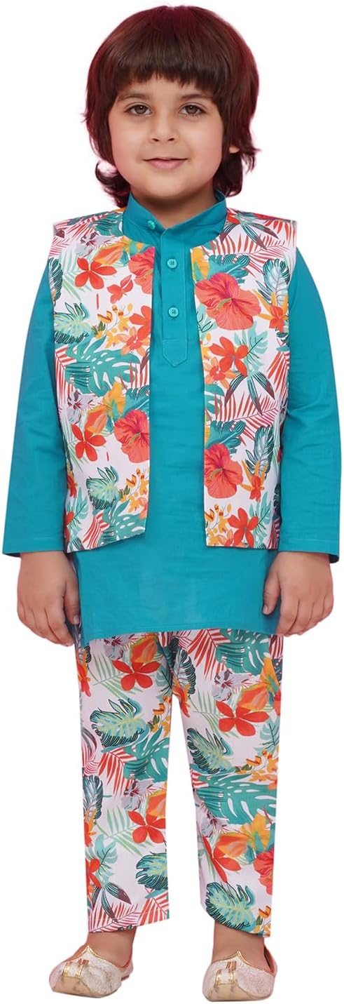 AJ DEZINES Kids Cotton Floral Printed Kurta Pajama Set with Waist Coat for Boys | Indian Ethnic Wear