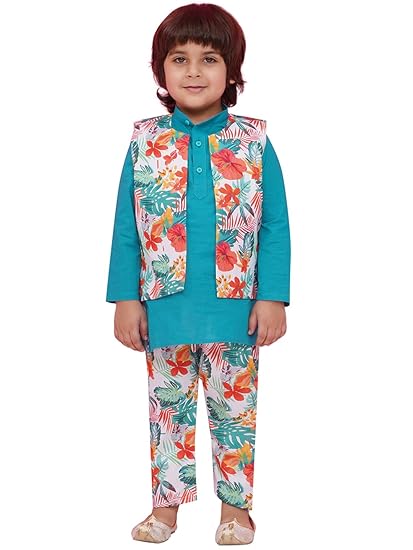 Kids Ethnic Wear Cotton Floral Printed Kurta Pyjama with Waist Coat for Boys