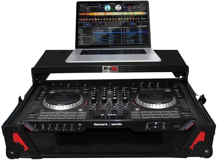 ProX Flight Case for Numark NS6II Digital Controller With Sliding Laptop Shelf - Black on Red Design - XS-NS6IILTRB