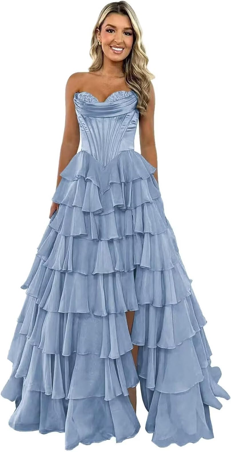 GATMAHE Tulle Floral Prom Dresses for Teens 2026 Tiererd Long Ball Gown Strapless Sweetheart Formal Evening Gowns with Slit