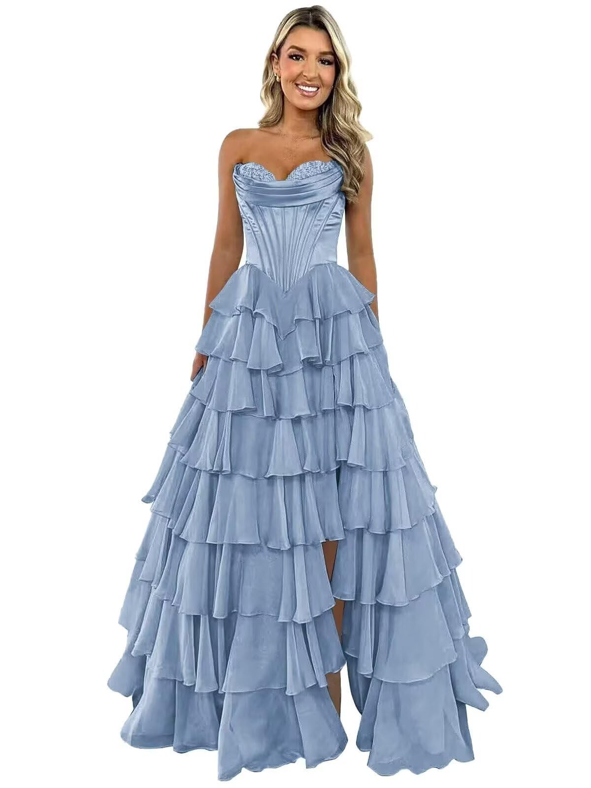 GATMAHE Tulle Floral Prom Dresses for Teens 2026 Tiererd Long Ball Gown Strapless Sweetheart Formal Evening Gowns with Slit