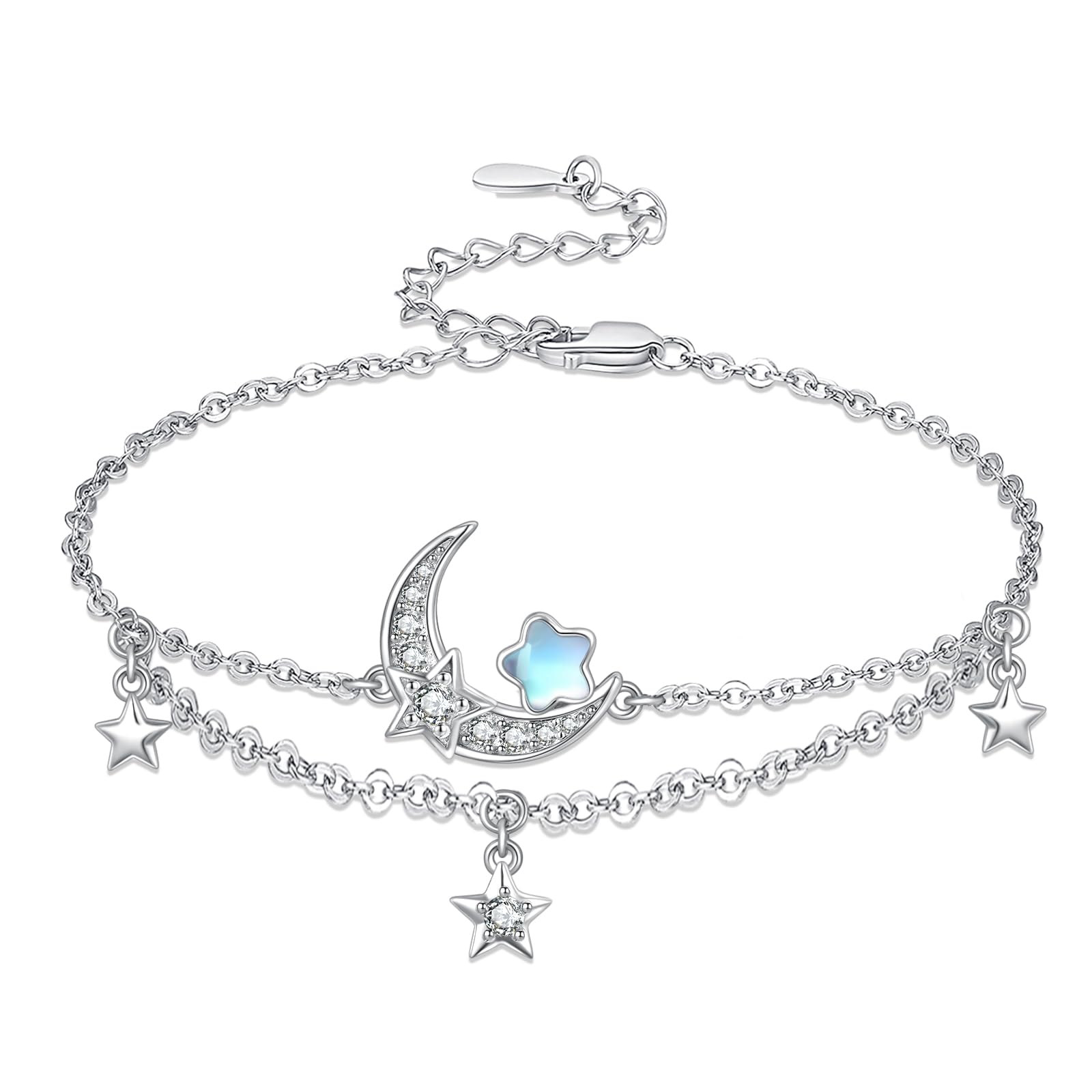 KINGWHYTE Mondstein Armband 925 Sterling Silber Mond und Stern Planet Armbänder Verstellbares Mondstein Armkette Geschichtete Schmuck Geschenk für Weihnachten Valentinstag