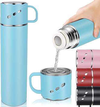 Flask for Hot Drink, 550ml Stainless Steel Hot Water Bottle with Cover, Leakproof Vaccum Six Wall Travel Mug with Handle, BPA Free Thermal Flask Cup for Coffee Tea Food Soup, Travel Gyms Sports, Blue