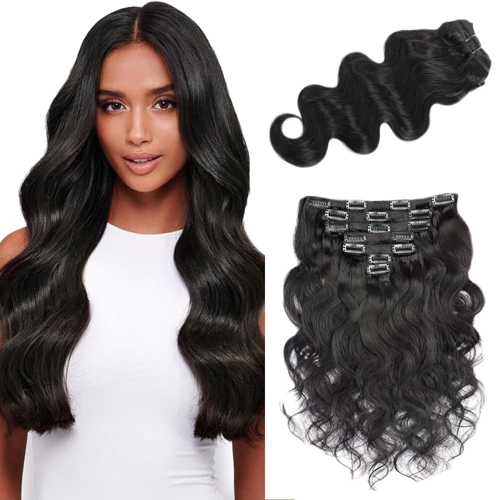 Extension per capelli ondulati con clip, capelli brasiliani, non trattati, capelli vergini brasiliani, #1B, nero naturale, 7 pezzi, 120 g, con 16 clip per set, per donne, 50,8 cm
