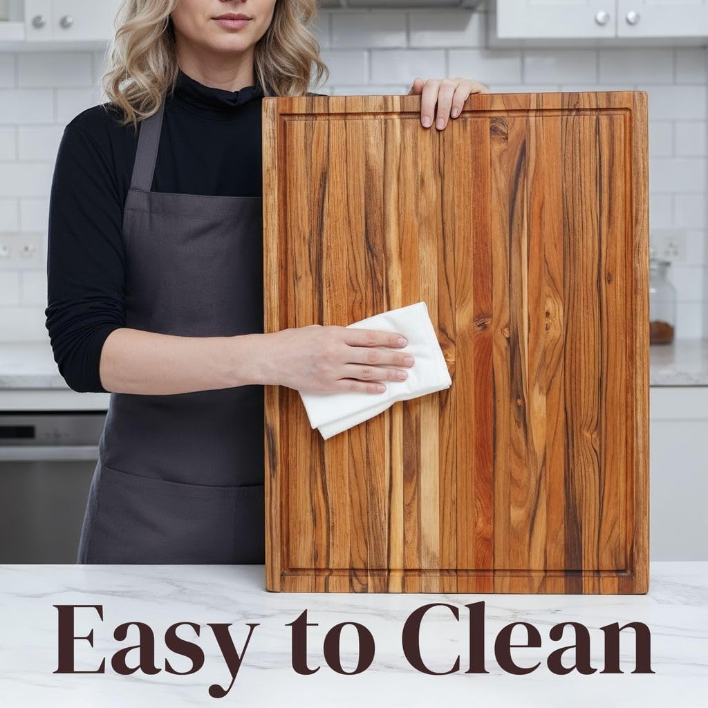 Extra Large Teak Wood Cutting Board 24x18 Inch for Meat, Brisket & Professional Kitchen Prep, 1.5" Thick Edge Grain Butcher Block with Deep Juice Groove & Handle, Non-toxic Board by New M Way
